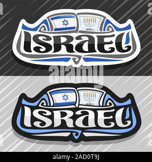 Logo Vector pour Israël, pays aimant frigo avec drapeau de l'État israélien, pinceau original typeface pour mot Israël et symbole juif national - menorah wi Illustration de Vecteur