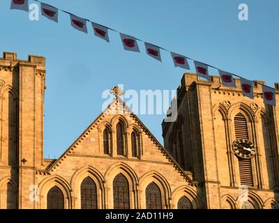 Bunting pavot pour le Jour du Souvenir et la façade ouest de la cathédrale de Ripon Ripon au coucher du soleil au nord Yorkshire Angleterre Banque D'Images