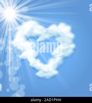 Nuage en forme de coeur dans le ciel bleu avec soleil après elle. Illustration de la Saint-Valentin Banque D'Images