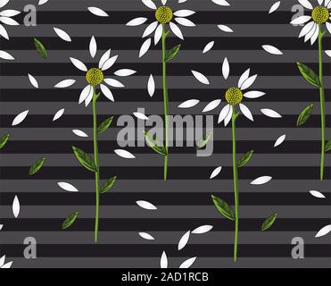 Daisy transparente sur motif rayures gris et noir en arrière-plan. Fleurs blanches imprimer pour le tissu. - Vector Illustration de Vecteur