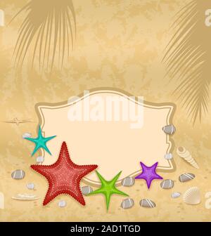 Vintage carte de souhaits avec des coquillages et des étoiles de mer et le lieu de t Banque D'Images