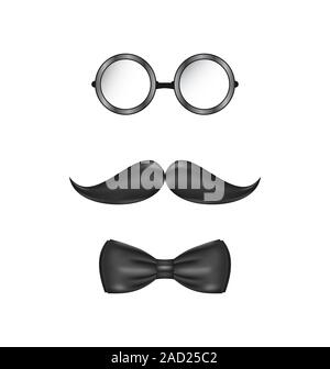 Vintage symbolique d'un homme, lunettes, moustache et Bow-tie, isolé sur fond blanc Banque D'Images