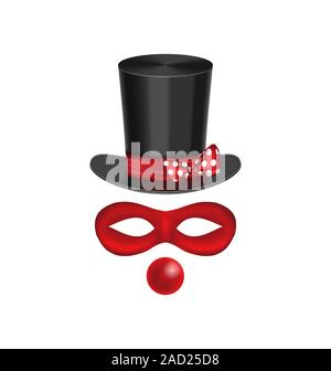 Accessoires de clown - hat, masque, nez rouge, il est isolé sur fond blanc Banque D'Images