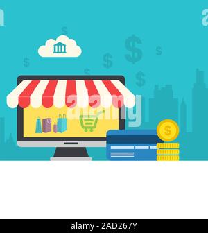 Concept de boutique en ligne, télévision, ordinateur icônes de carte de crédit et de monnaie, cityscape Banque D'Images