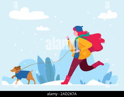 Une jeune fille se promène avec son chien à winter park. Illustration de Vecteur