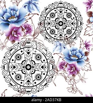 Schéma traditionnel géométrique avec mignon fleurs isolé sur fond blanc. Imprimer la mode pour le tissu. - Vector Illustration de Vecteur