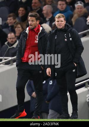 Manager d'AFC Bournemouth, Eddie Howe (R) et l'Assistant, Jason Tindall (L) - Tottenham Hotspur v Bournemouth AFC, Premier League, Tottenham Hotspur Stadium, Londres, Royaume-Uni - 30 novembre 2019 Editorial N'utilisez que des restrictions s'appliquent - DataCo Banque D'Images