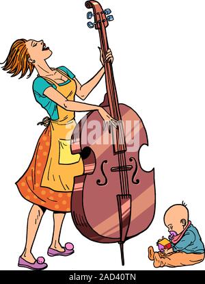 Répétition à la maison. La mère avec un petit enfant joue la double basse Illustration de Vecteur