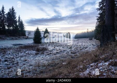 Vallée de la télévision avec une rivière prairie recouverte de glace à l'heure bleue, arbres individuels, Misty humeur, ciel du soir avec les couleurs et la formation de nuages - Région Banque D'Images