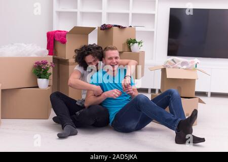 Jeune couple gay déménagement in new house Banque D'Images