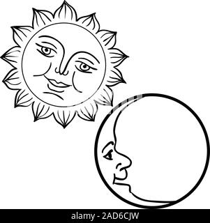 La lune et le Soleil avec visages jour et nuit des symboles. Illustration de Vecteur