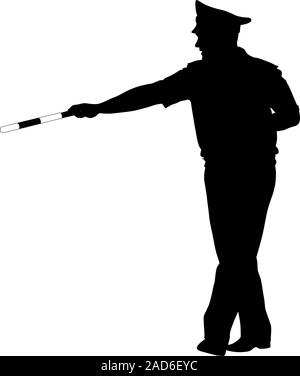 Silhouettes noires d'un agent de police à l'aide d'une canne sur fond blanc. Illustration de Vecteur