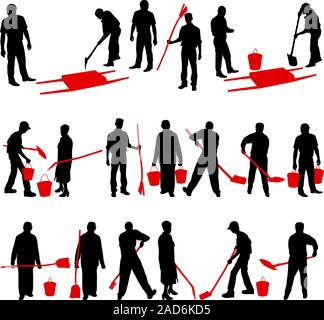 Jeu de silhouettes noires d'hommes et de femmes avec des pelles et des seaux. Vector illustration. Illustration de Vecteur