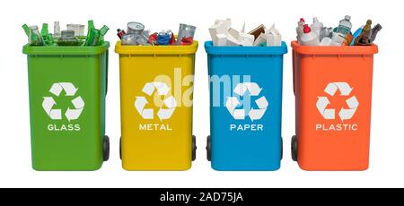 Ensemble de poubelles de recyclage avec le verre, le papier, les déchets plastiques et métalliques, rendu 3D isolé sur fond blanc Banque D'Images