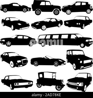 Set silhouettes noires de différents types de la voitures sur fond blanc. Vector illustration. Illustration de Vecteur