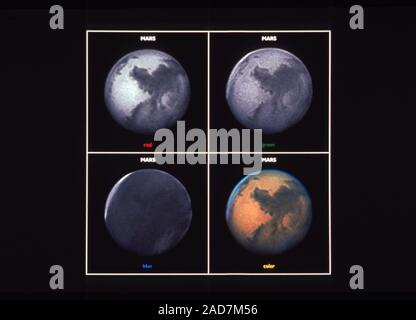 Prises par des expositions, rouge, vert et bleu et les filtres utilisés pour créer une image en couleur de Mars (en bas à droite). Le filtre rouge montre les meilleurs détails de surface. Parce que l'atmosphère martienne disperse la lumière bleue (un peu comme comme sur terre) détails de surface martienne est camouflée dans le filtre bleu l'exposition. Le filtre bleu, l'exposition n'autoriser pour les nuages pour être facilement vu. Un capot de nuages polaires sur Mars' pôle nord est évident, et une fine couche de nuages matin est évident sur le membre de l'ouest (en bas). Nom de l'objet : type : image de Mars Crédit astronomiques : P. James / Université de Toledo Banque D'Images