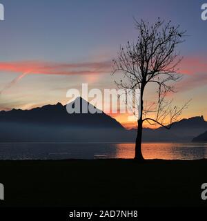 Vue du coucher de Neuhaus. Le lac de Thoune et le Mont Niesen, Suisse. Banque D'Images