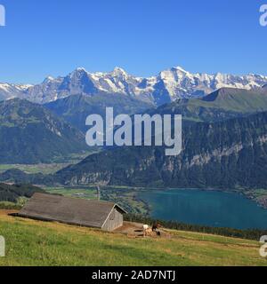 Une montagne Eiger, Mönch et Jungfrau, vue depuis le mont Niederhorn. Bleu Azure du lac de Thoune, B Banque D'Images