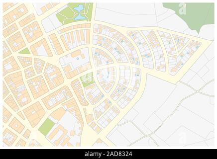 Plan cadastral imaginaire d'une zone avec des bâtiments et des rues Banque D'Images