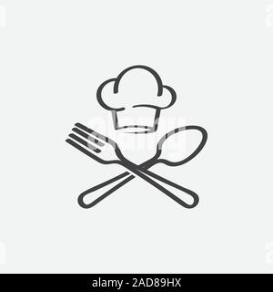 Chef de la conception de logo, fourchette et cuillère logo, icône de l'alimentation, restaurant, icône label symbole de cuisine, cuisiniers hat avec fourchette et cuillère Illustration de Vecteur