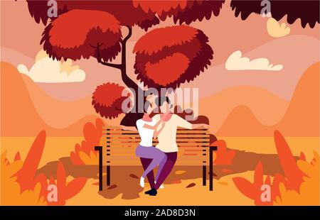 Couple de gens assis dans un parc paysage d'automne , président de la conception d'illustration vectorielle Illustration de Vecteur