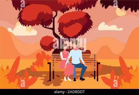 Couple de gens assis dans un parc paysage d'automne , président de la conception d'illustration vectorielle Illustration de Vecteur