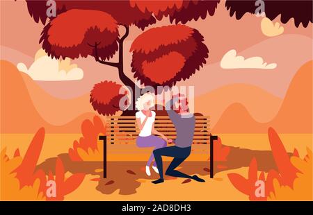 Couple de gens assis dans un parc paysage d'automne , président de la conception d'illustration vectorielle Illustration de Vecteur