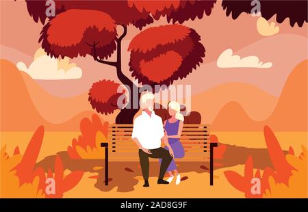 Couple de gens assis dans un parc paysage d'automne , président de la conception d'illustration vectorielle Illustration de Vecteur