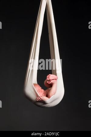 Forfait bébé cigogne. 14 jours d'âge nouveau-né garçon réalisé dans un tissu blanc Banque D'Images