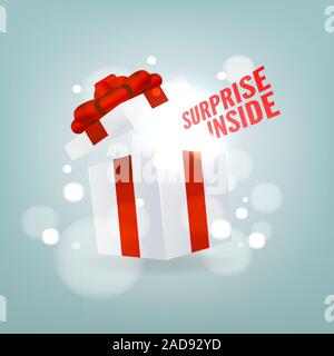 Surprise à l'intérieur ouvrez boîte-cadeau. Ouvrir boîte cadeau blanche avec ruban rouge et arc. Anniversaire surprise et cadeau de Noël concept. Illustration de Vecteur
