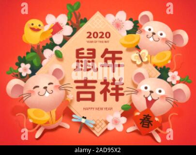 Bonne année du rat souris mignonnes et de lingots d'doufang floral sur fond rouge, Chinois Traduction de texte : heureuse année lunaire et le printemps Illustration de Vecteur