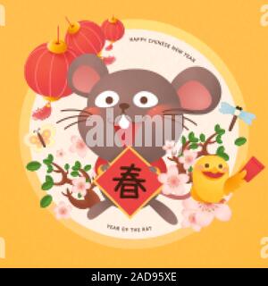 Gris souris mignon holding doufang illustration avec lanterne suspendue et cerisiers en fleurs sur fond jaune Illustration de Vecteur