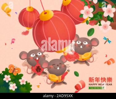 Bonne année du rat souris mignon holding lingots d'or et à la recherche jusqu'à lanternes, traduction de texte chinois : année lunaire et le printemps Illustration de Vecteur