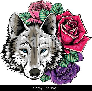 Les broderies du loup et roses. Patch d'aiguille de signer animal romantique sur fond blanc. Illustration de Vecteur