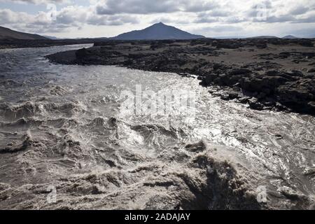 Flux Kreppa glacier rapide dans paysage volcanique, Highlands, Islande, Europe Banque D'Images