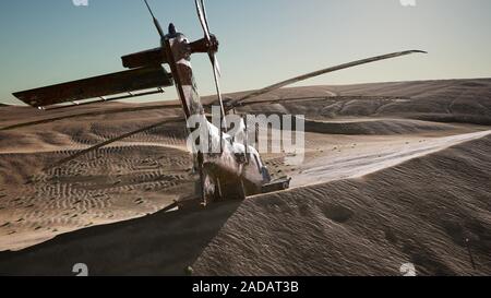 Hélicoptère militaire rouillé vieux dans le désert au coucher du soleil Banque D'Images