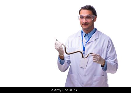 Zoologiste de jeunes hommes avec snake isolated on white Banque D'Images