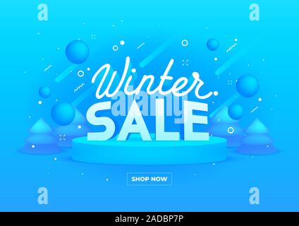 Bannière Web pour vente d'hiver sur fond bleu. Profondeur 3D réaliste et objets de fête. Illustration de Vecteur