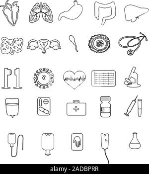 Ensemble d'icônes linéaire médical. organes humains. Cœur, poumons, foie, peau, estomac, côlon, les organes reproducteurs, l'oeuf, le sperme, virus, compte-gouttes, X-ray Illustration de Vecteur