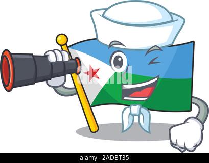 Smiling happy Sailor avec drapeau djibouti binoculaire design dessin animé Illustration de Vecteur