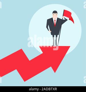 Businessman holding drapeau rouge debout sur le haut de la courbe des ventes. Illustration de Vecteur