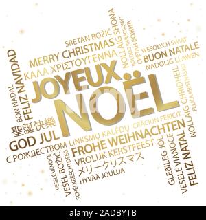 Nuage de mots avec texte Joyeux Noël en différentes langues, au milieu d'un immense et bold écrit en français Illustration de Vecteur