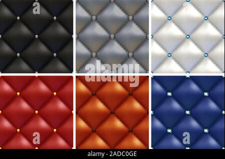 Ensemble de luxe noir, blanc, gris, marron, rouge, bleu des modèles de mobilier vintage upholstery avec différents boutons. Textures transparente de cuir é Banque D'Images