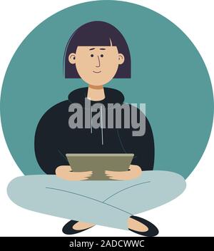 Young woman Playing with smartphone, mobile phone, assis les jambes croisées, cartoon vector illustration isolé sur fond blanc. Femme, fille que je Illustration de Vecteur