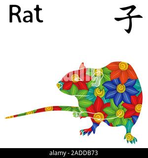 Signe Chinois Rat, symbole de la nouvelle année sur le calendrier oriental, scénario avec pochoir fleurs colorées isolé sur fond blanc Illustration de Vecteur