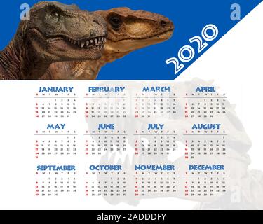 Calendrier 2020 de couleur avec les dinosaures carnivores. Les semaines commencent le dimanche. Dimanche Jours fériés sont marqués par la couleur rouge Banque D'Images