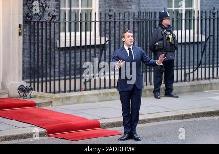 Le président français, Emmanuel Macron arrivant à Downing Street pour une réunion des dirigeants de l'OTAN, 3e Mai 2019 Banque D'Images