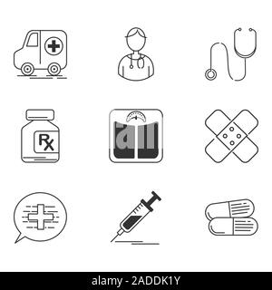 Medical icons set, style linéaire simple contenir que la santé, l'ambulance, croix, comprimé, seringue - vecteur symbole iconique. Banque D'Images