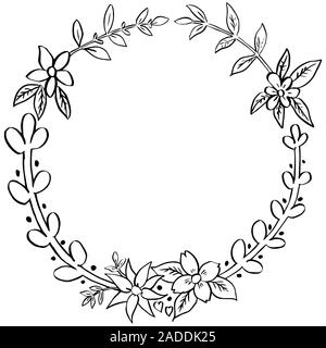 Couronne de fleurs de feuilles, de branches, de l'isoler sur fond blanc, dessin à l'encre, le profilé support doodle style, hand drawn vector illustration. Banque D'Images