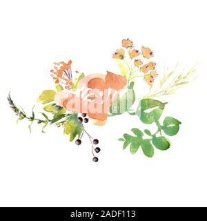 Suite nuptiale mariage romanric doux bouquet de fleurs rustiques . Dessin aquarelle rose et violet et orange fleurs ornament Banque D'Images